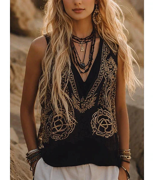 Women's Camisole Tank Top Graphic Leopard Bohemia Daily Ethnic Sleeveless V Neck Regular Tops Daily Black Summer Spring