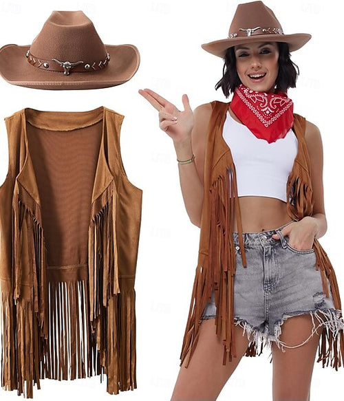 Western Outfits for Women Cowgirl Tassel Sleeveless Vest Cowboy Hat and Paisley Bandana